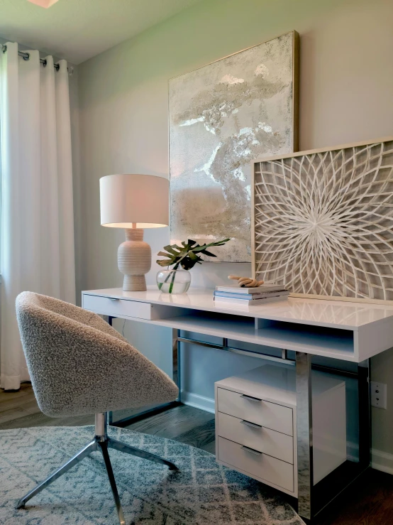 a white desk with drawers and lamps in a room