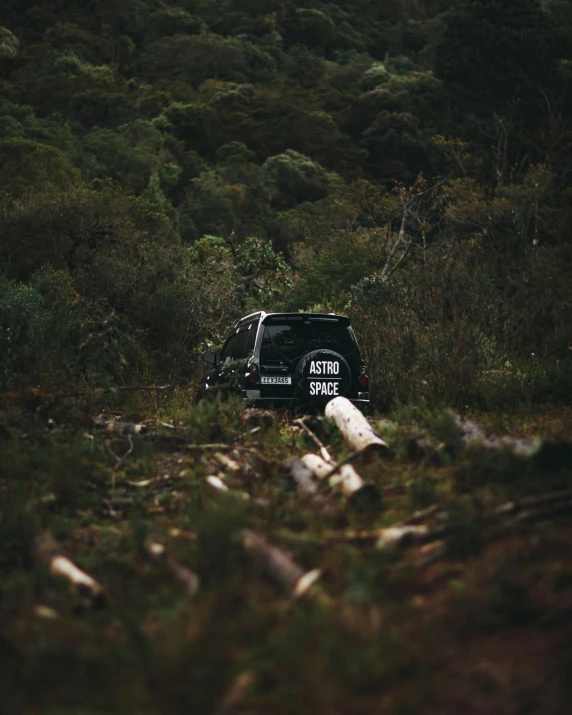 the truck is driving on the road in the woods