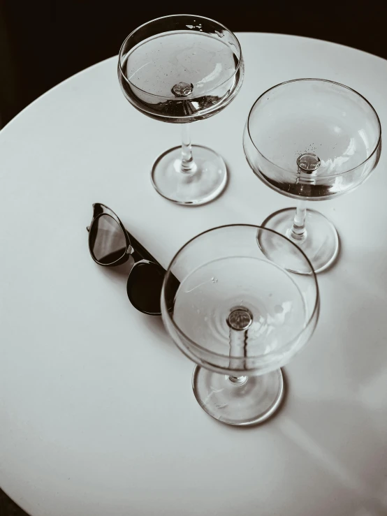 three glasses are sitting on a round table