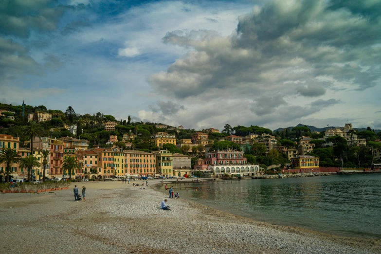 many buildings on a beach in the distance