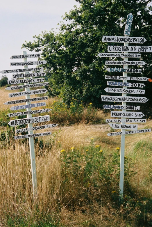 a number of road signs on a grassy field