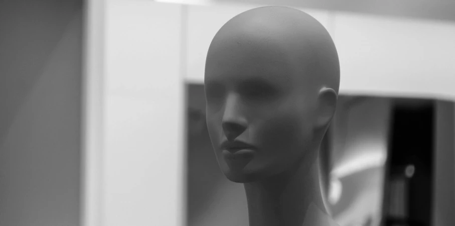 a mannequin head and mirror in a room