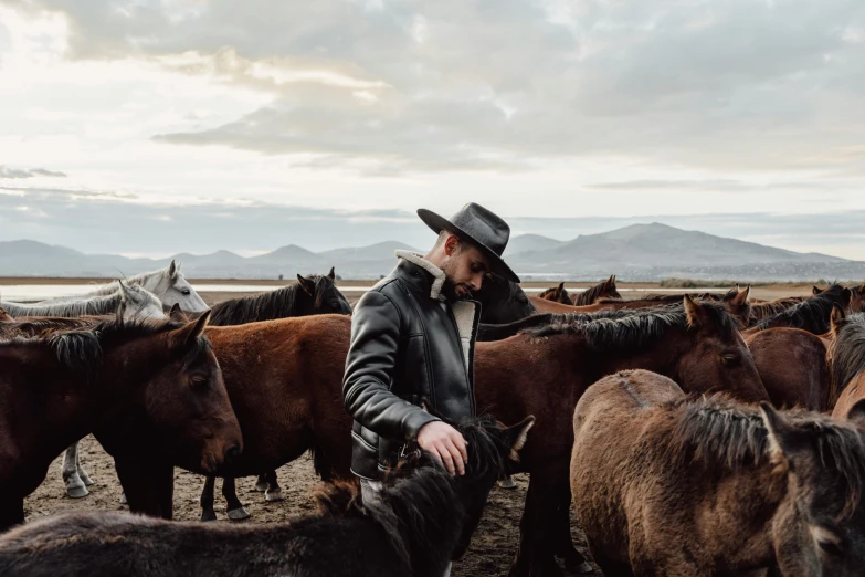 man with hat next to small herd of horses