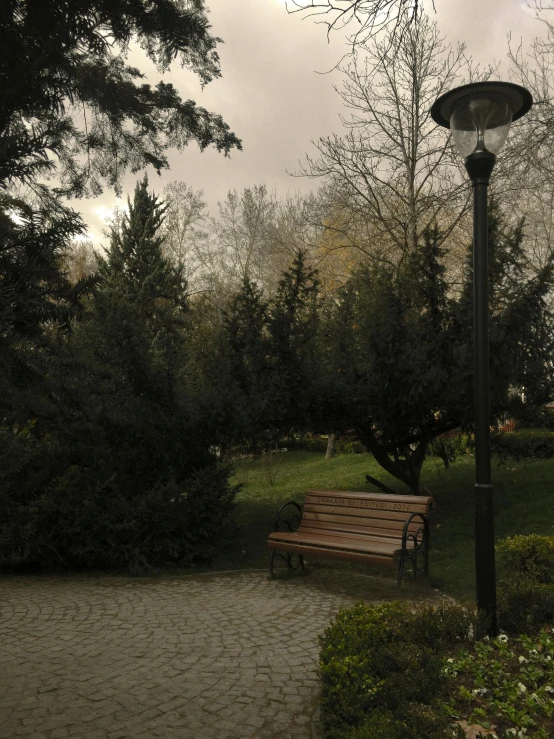 a street light and bench in a park