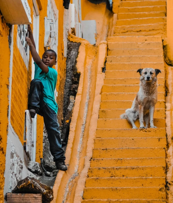 a  standing on steps with a dog standing next to him