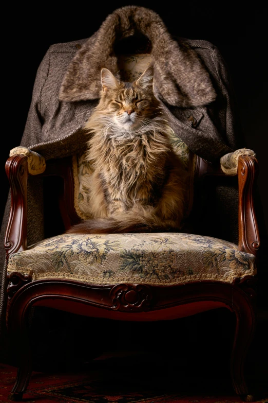 a cat sitting in a chair with its eyes closed