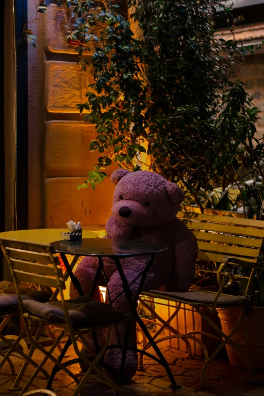 the purple teddy bear is sitting at a table