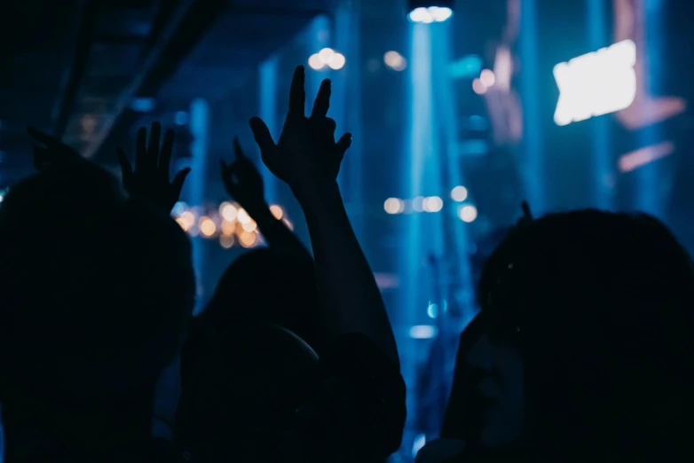 a crowd at a concert with their hands raised