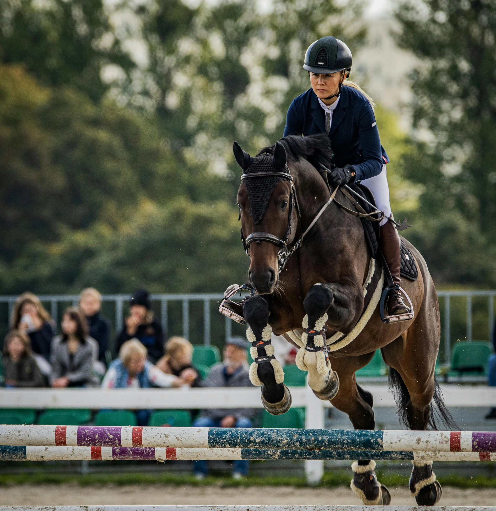 a person riding a horse over a rail in front of a crowd