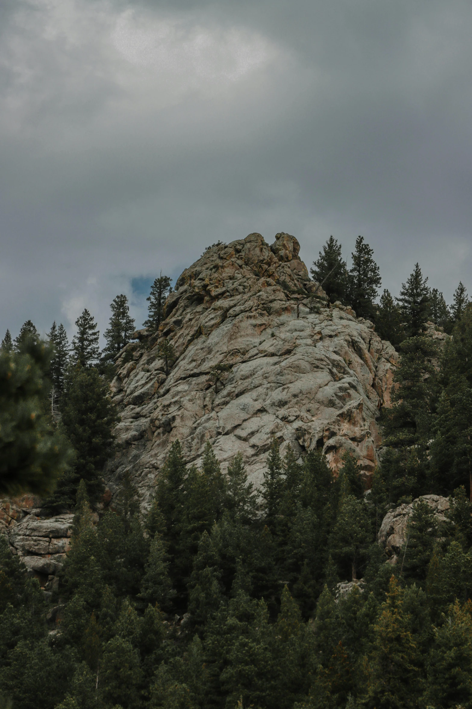 a large rocky hill with green trees surrounding it