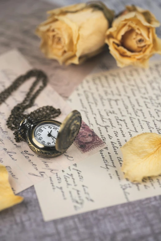 an old pocket watch surrounded by roses