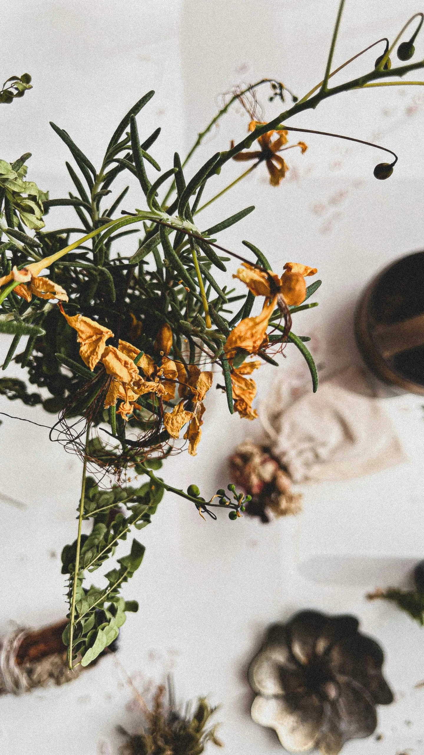 flowers sitting in a white table cloth and pots