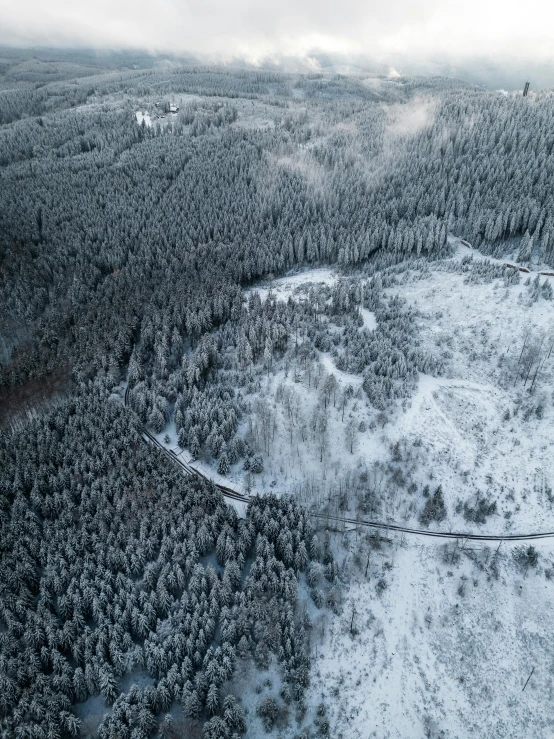 an aerial view of snow covered wooded area