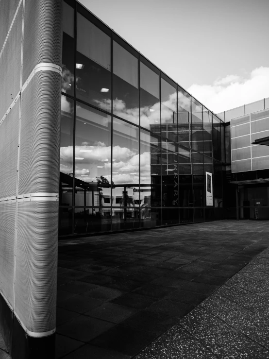 a long building with a massive glass front