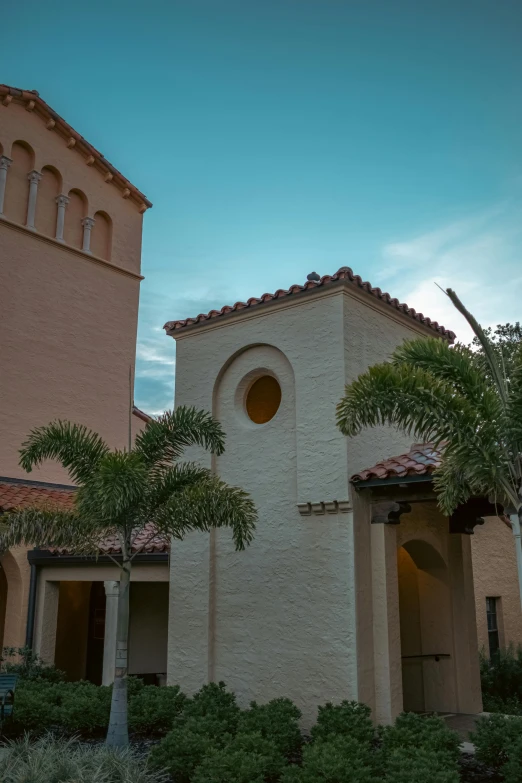 a palm tree in front of a stucco church with a sky background