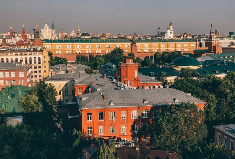 the city has red brick buildings and towers