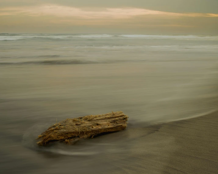 a rock sitting on the beach at sunset