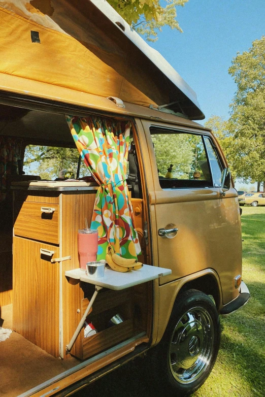 the camper has an oven, sink and food in it