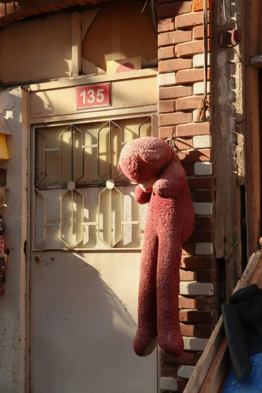 a brown stuffed animal hanging from the side of a building