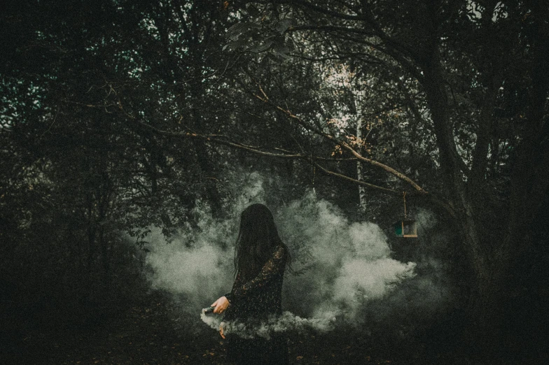 a person in the woods surrounded by smoke