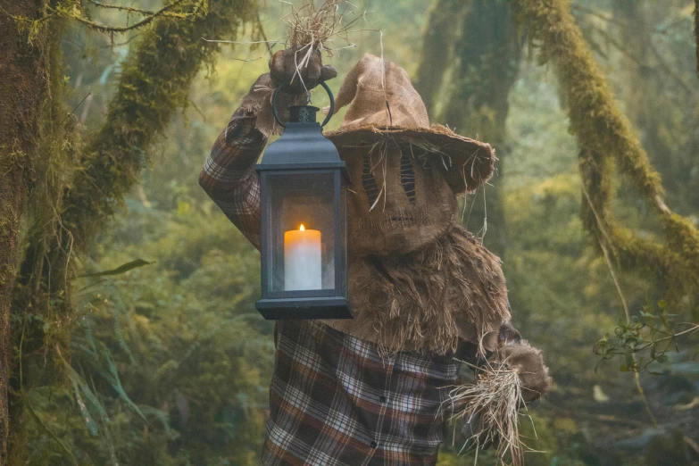 a bear holding a lantern in the woods