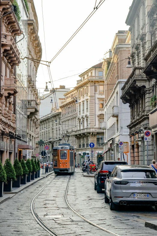 there is a trolley going up the street