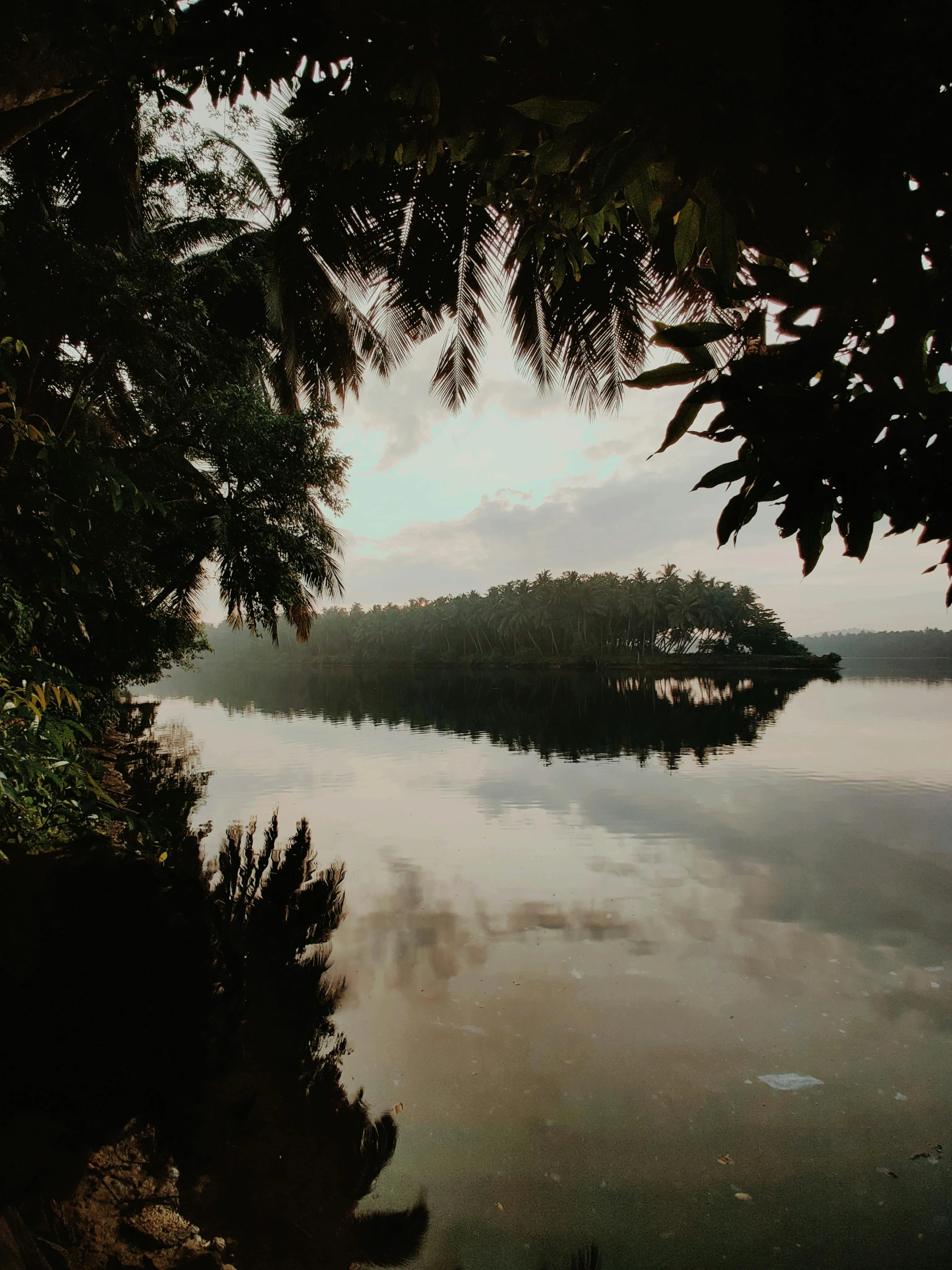 the water in a lake near a large island