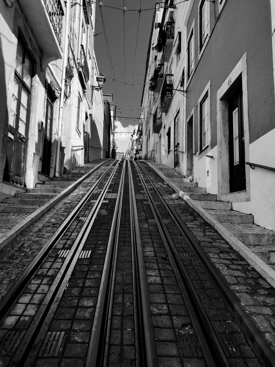 looking down on an empty road and tracks