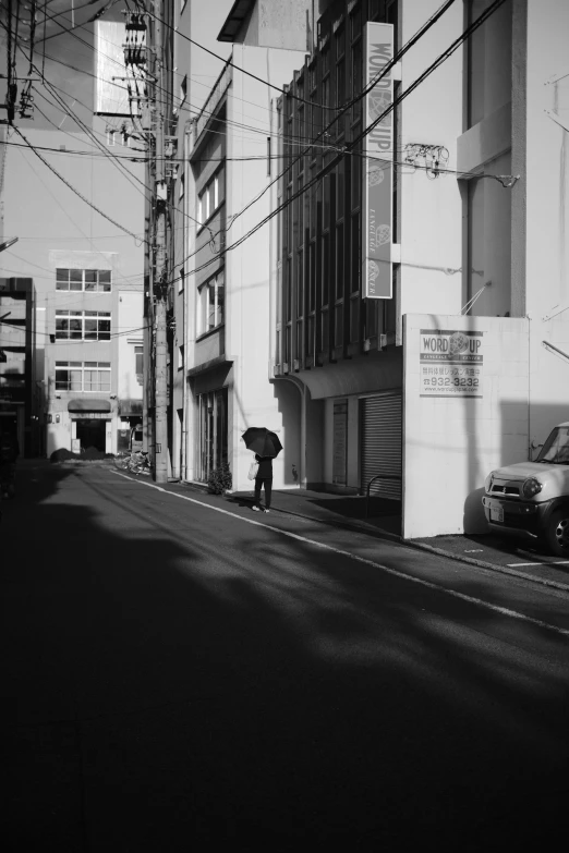 a person on a city street holding an umbrella