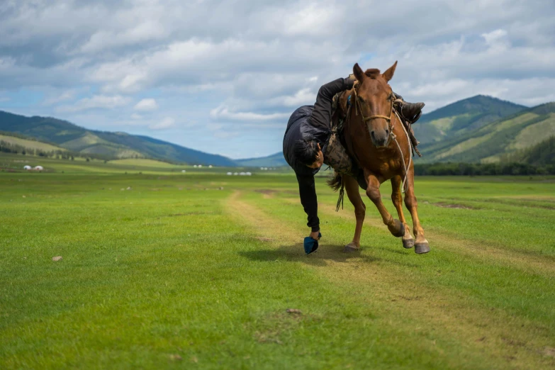 a man with his horse is running on the field