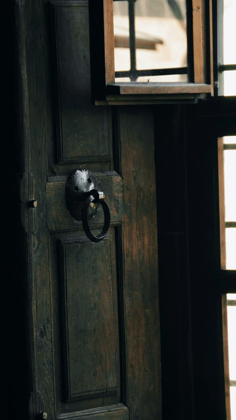 door with a small metal handle is closed