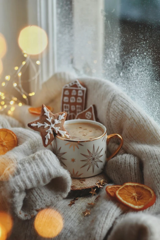 a cup of  chocolate and cinnamons are near the window