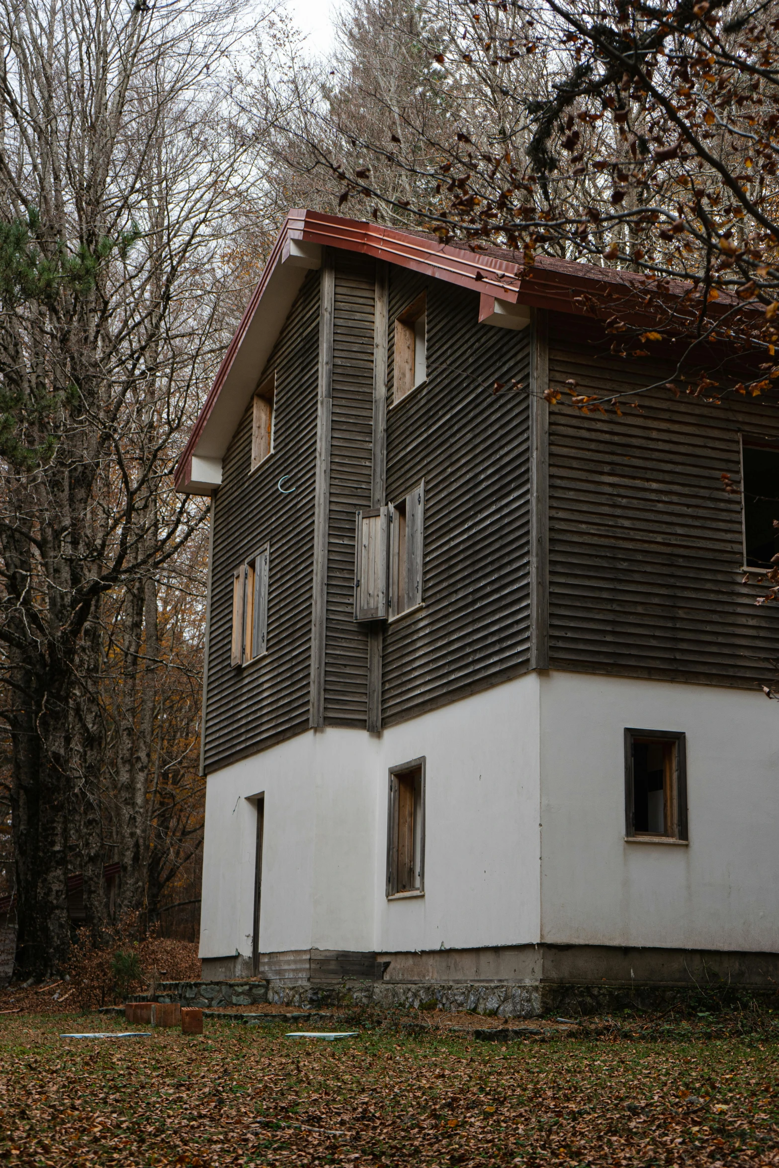 a building with windows and a roof surrounded by trees