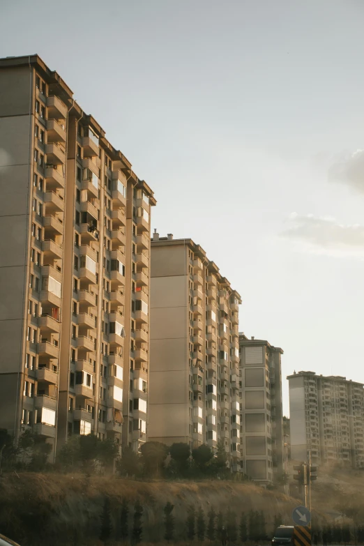 a view of several apartment buildings, including two buildings