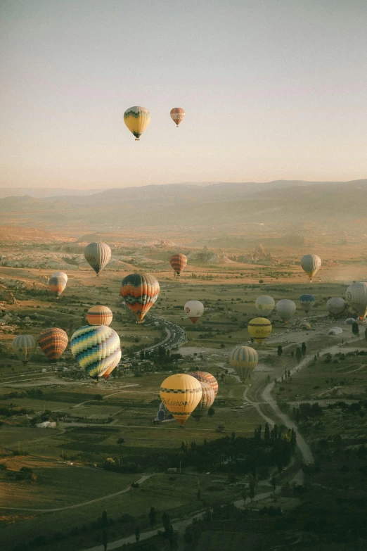 many balloons floating over a grassy field in a valley