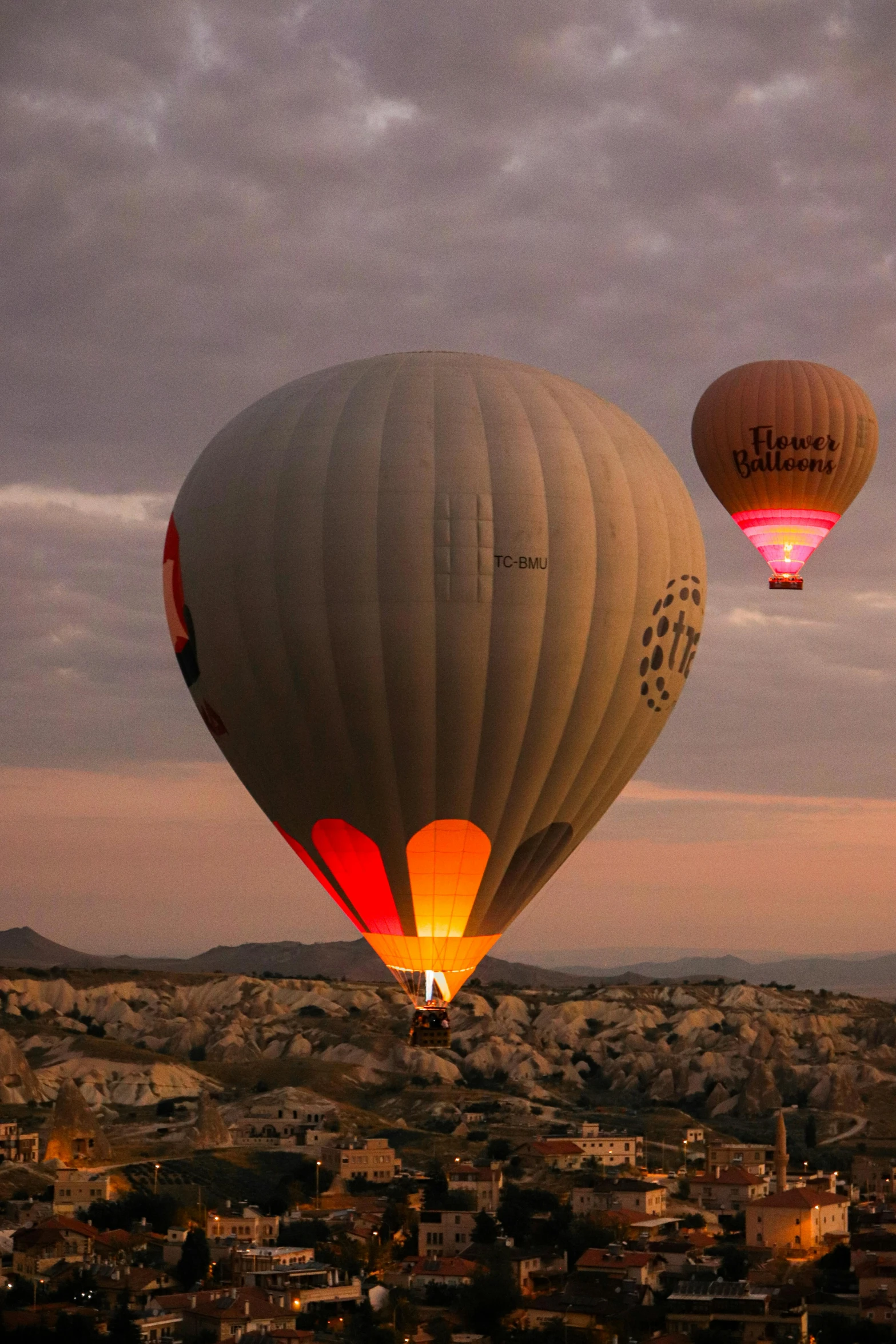 two  air balloons flying over a small town