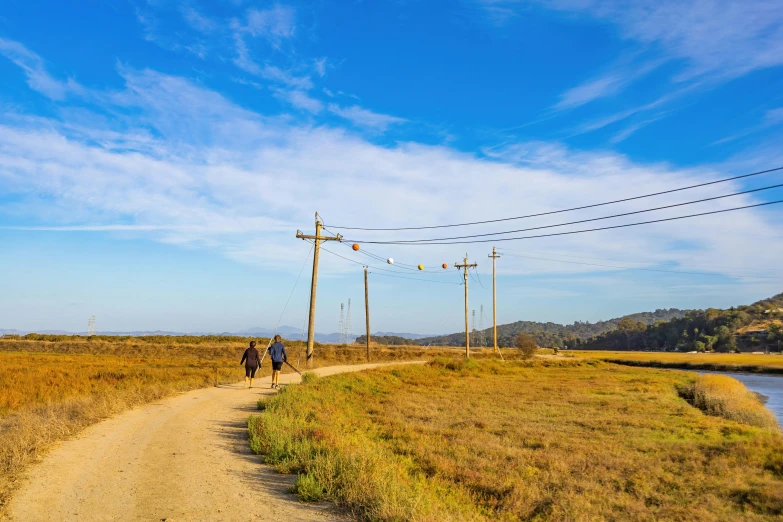 there are two people on the dirt road