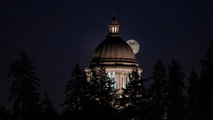 a building with a dome on top near trees and the moon