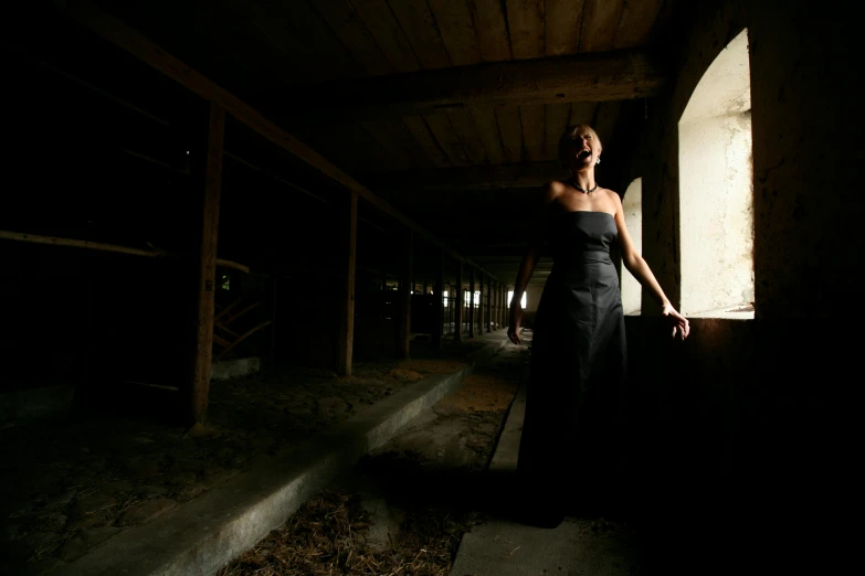 woman standing next to wall looking out of dark barn