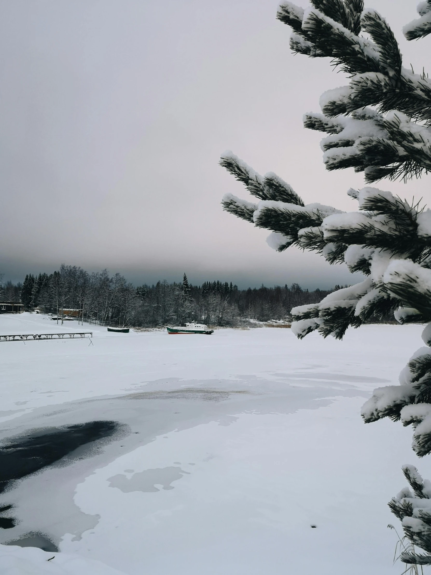 there is a snowy lake with small trees and buildings in the distance