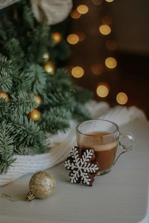 a cup of coffee sitting next to a tree