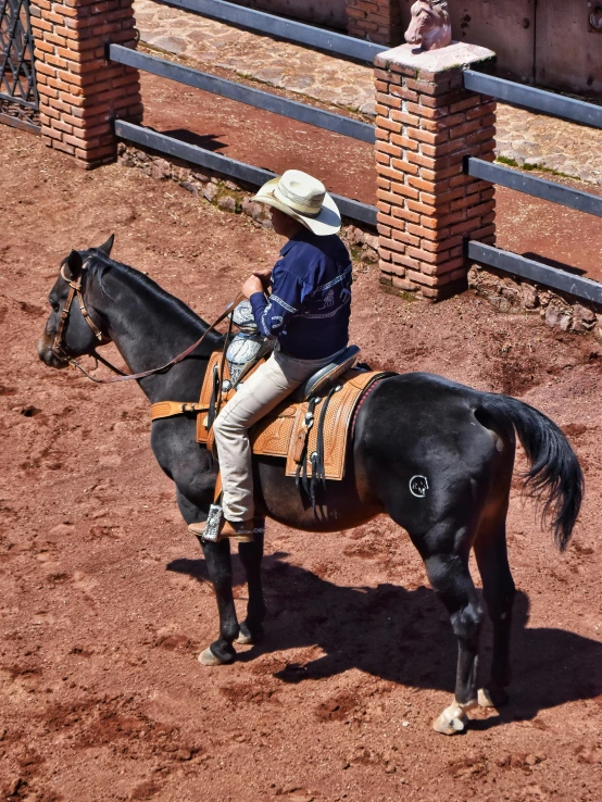 a man with hat sitting on top of a horse