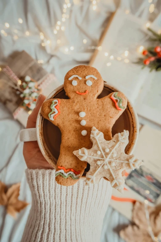 someone holding a cup of chocolate chippy christmas cookies