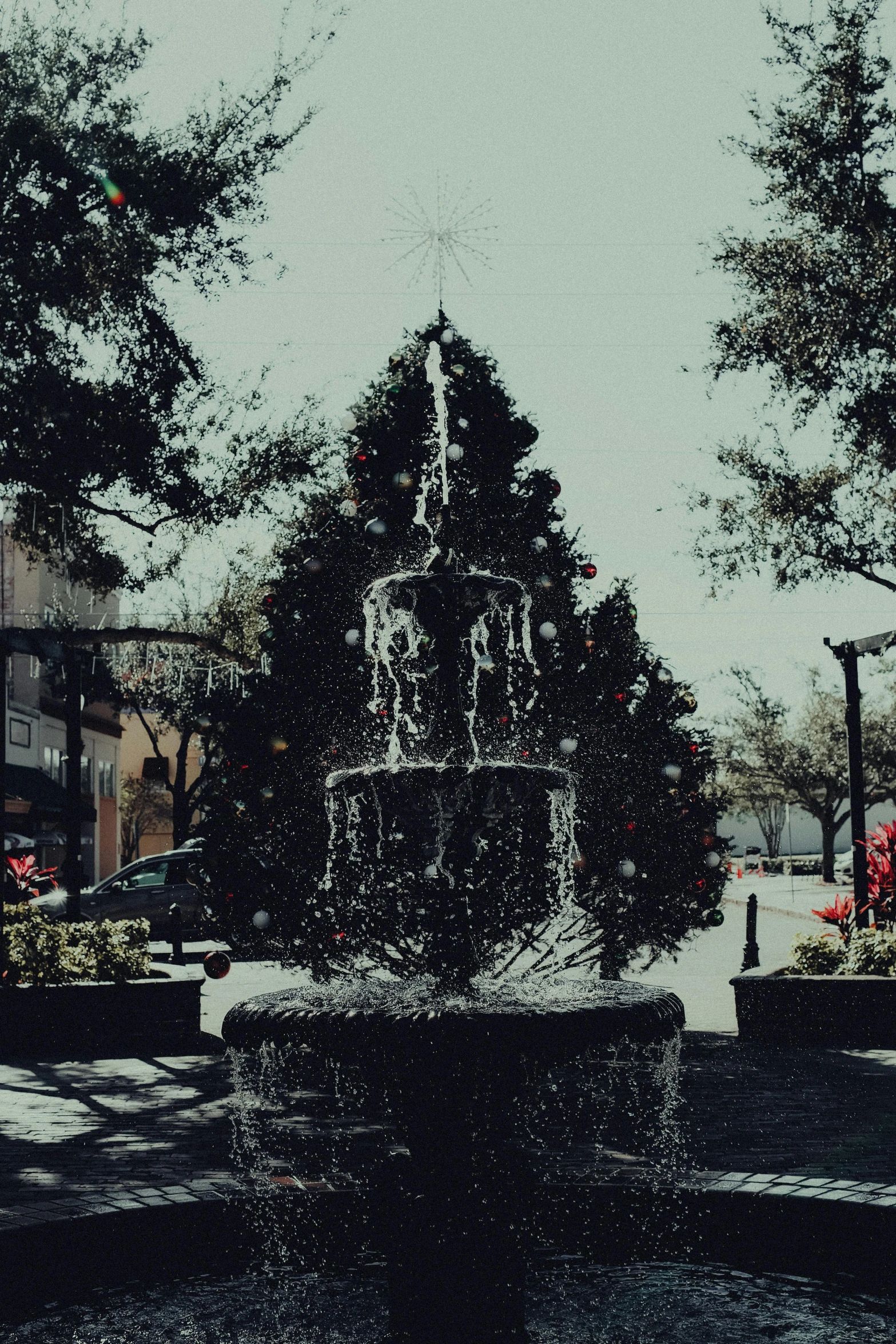 an artistic picture of a fountain next to some trees