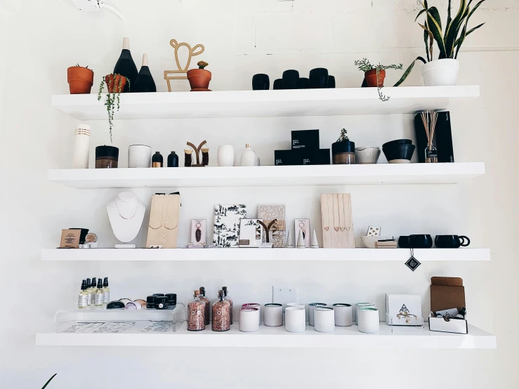 shelves covered with white products and plants next to a window