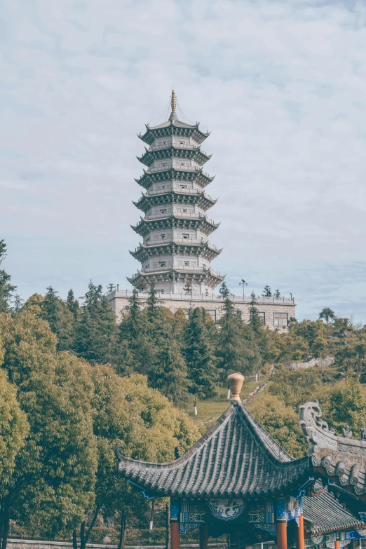 a tall pagoda with trees surrounding it on a cloudy day