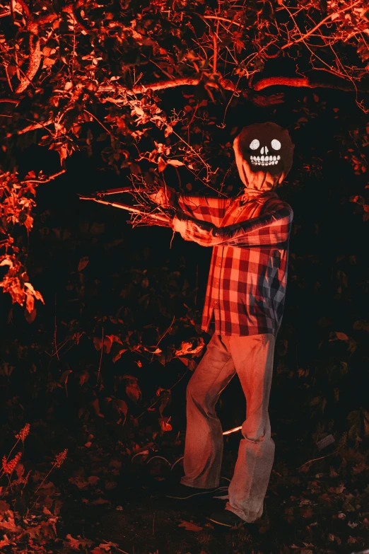 a person with a skeleton mask on in the woods