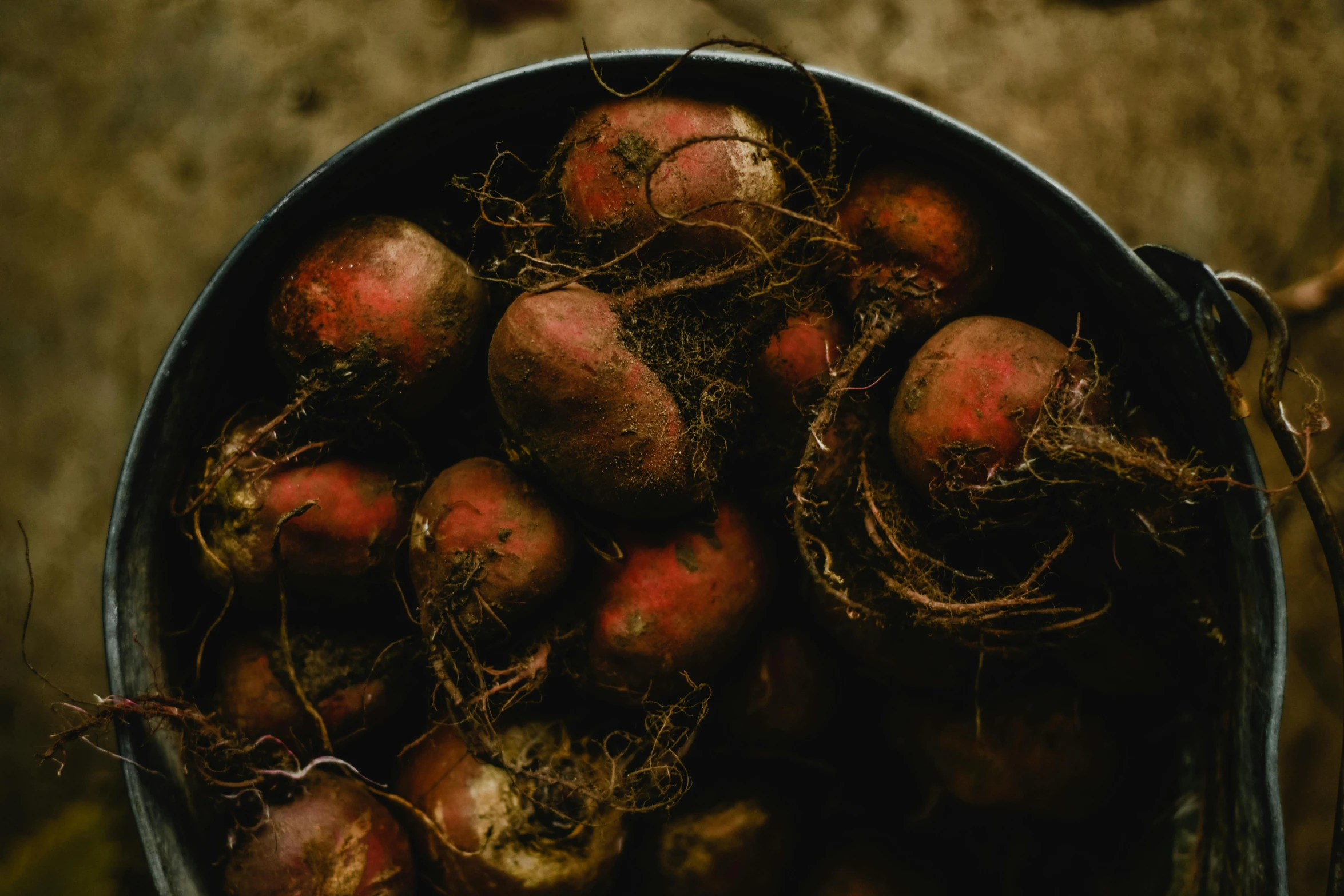 a metal bucket with red potatoes in it