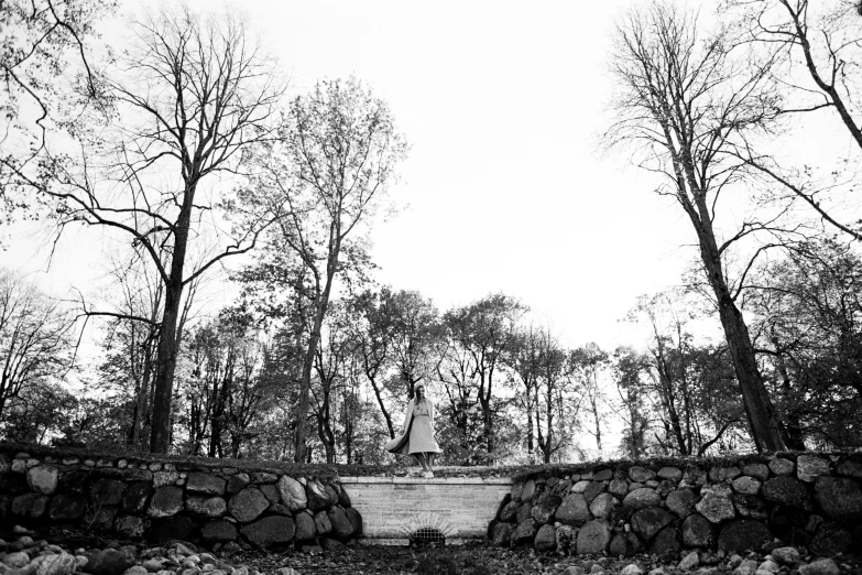 a stone wall surrounding an area with tall trees