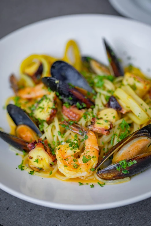 a white plate filled with pasta and mussels